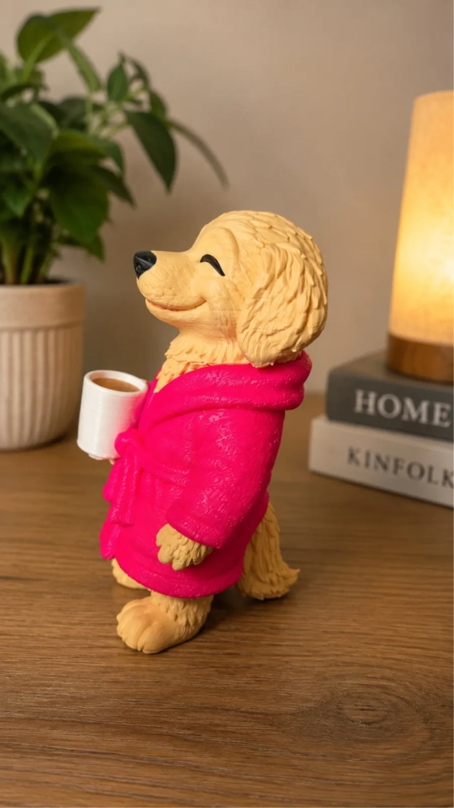 Cachorro Golden Tomando Café Decorativo em Impressão 3D