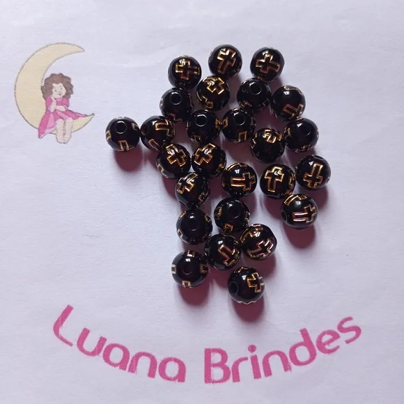 Bolinha Preta com Cruz Dourada 8mm Pct 100 Unidades