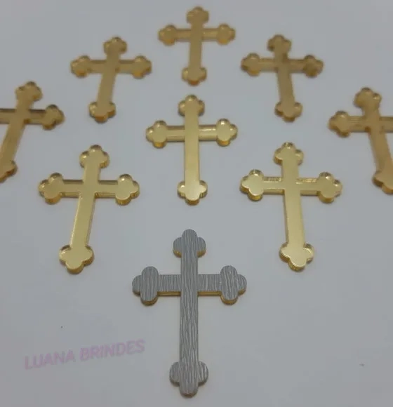 Aplique Cruz de Acrílico Espelhado Dourado - Pct C/50 Unid