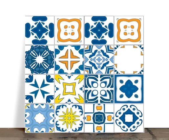 Azulejo Decorativo Mosaico Mandalas Azuis e Laranja 15x15 Ce