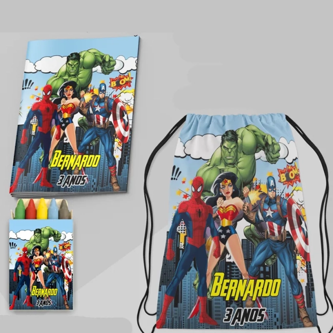 Kit Lembrancinhas Mochila e Revista personalizado dos Super Heróis