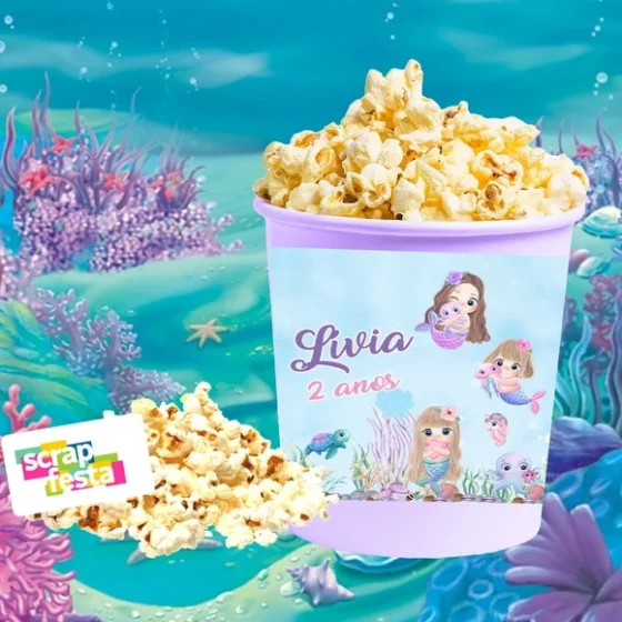 40 Balde Pipoca 1 Litro Personalizado Vinil Festa Sereia