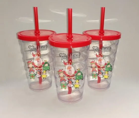 Copo com Canudo 500ml Personalizado de Natal Novo