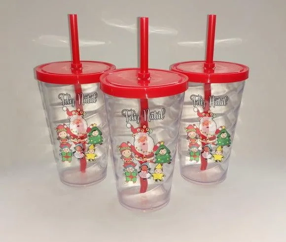 Copo com Canudo 500ml Personalizado de Natal Novo
