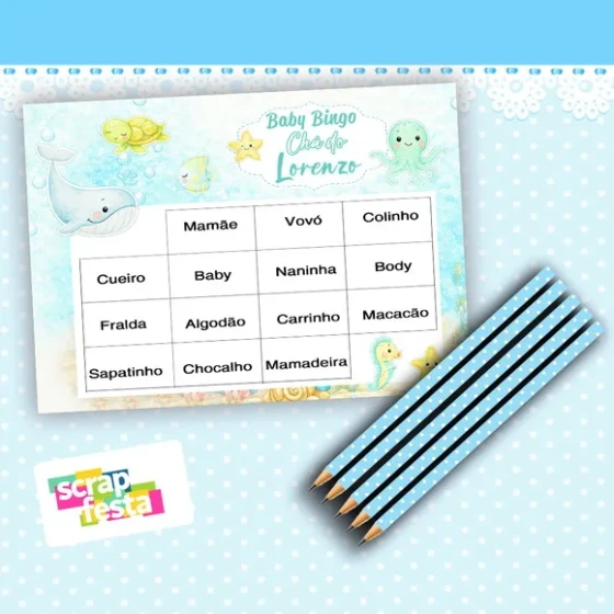 Kit Bingo+lápis Festa Chá Bebê Menino Fundo do Mar Aquarela