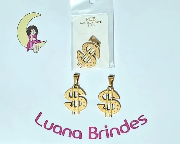 Pingente Cifrão Dourado de Aço Inoxidável Pacote com 2 Peças