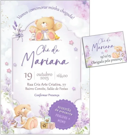 Convite Digital C/tag Chá de Bebê Menina Ursinho Lavanda