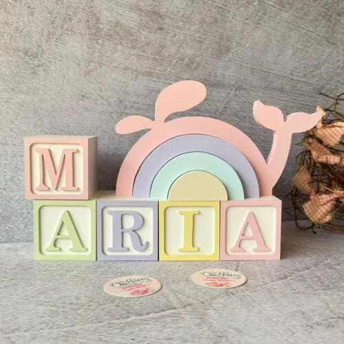 Baleia + Cubos 6x6cm Ts Decoração Bebê Fundo do Mar