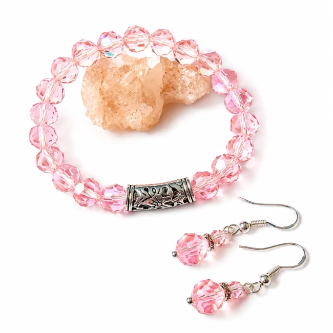 Conjunto Pulseira e Brincos de Cristal Facetado ajustável