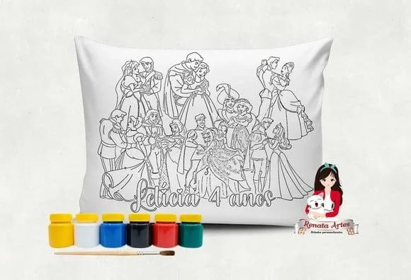 Almofada com Tinta para Colorir Princesas e Príncipes