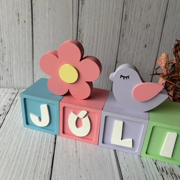 Decoração Bebê Cubos 6x6cm Candy+ Dupla de Passarinho e Flor