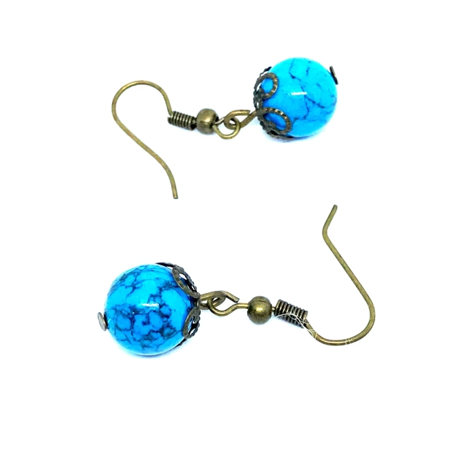 Brinco Vintage Ouro Velho Esfera Turquesa Reconstituída 10mm