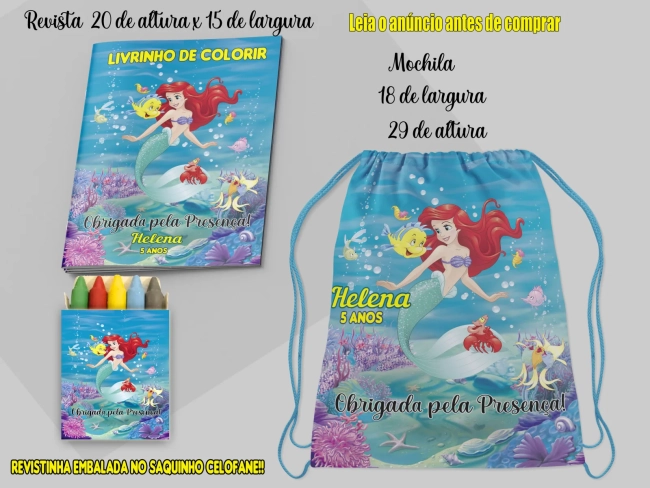 Kit Lembrancinhas Mochila e Revista de colorir da Sereia Ariel