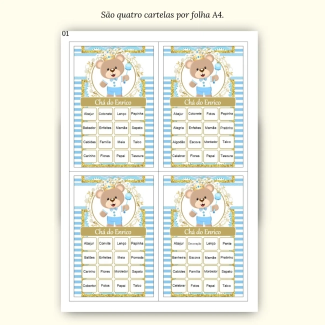 Bingo Chá de Bebê Menino Pdf Para Imprimir