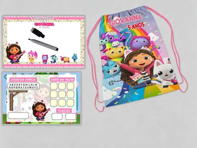 Kit Mochila e Lousa Magica para lembrancinhas da Casa Magica da Gabby