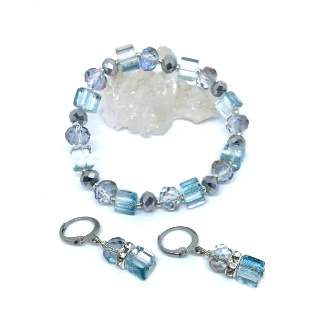 Conjunto Luxo Brinco e Pulseira Cristal Boreal (Cinza Azulado)
