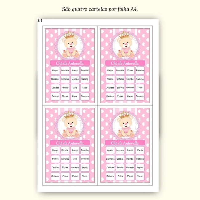 Bingo Chá de Bebê Menina Pdf Para Imprimir