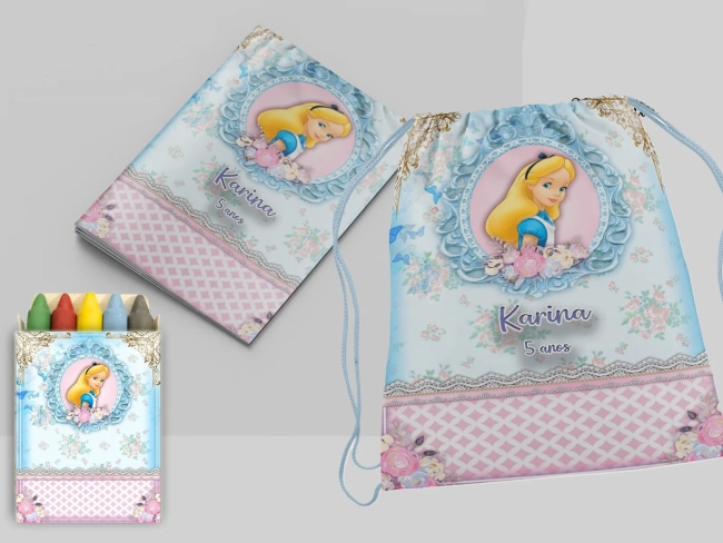 Kit Mochila e Revista de colorir para lembrancinha Alice Pais das Maravilhas
