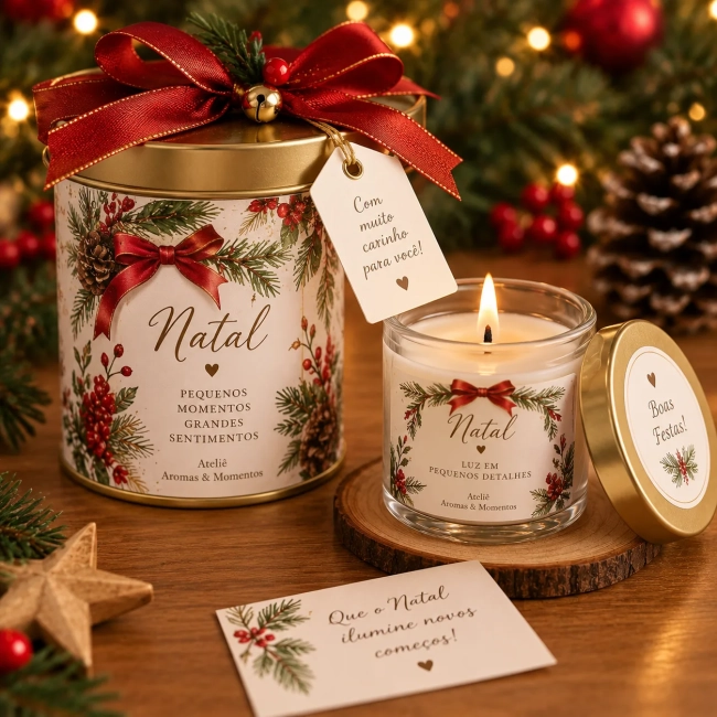 Kit Vela de Natal em Lata Personalizada – Presente Especial e Cheio de Encanto
