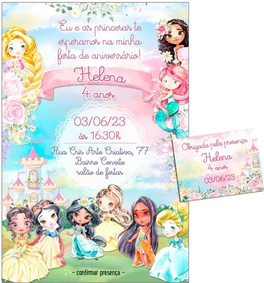 Convite Digital C/tag Princesas Disney Aquarela 2