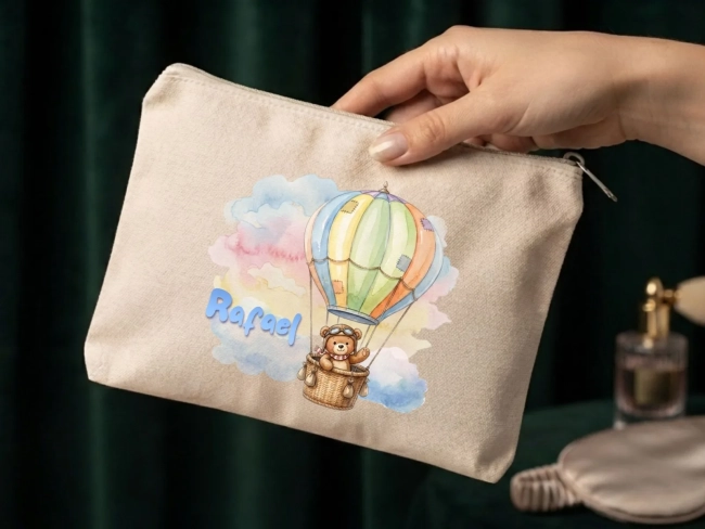 Lembrancinha Nécessaire Personalizada Algodão Cru 20x15 Estampa DTF Ursinho Balão