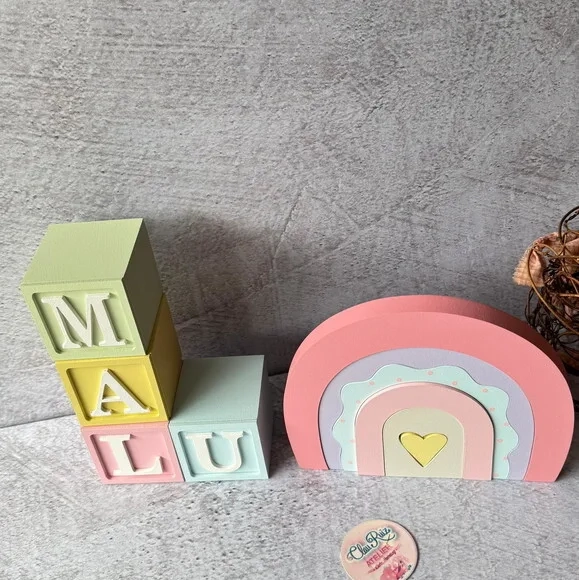 Cubos Decorativos Arco Íris Boho para Quarto de Bebê e Festa Infantil