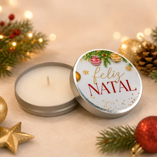 30 unidades de Vela Aromática na latinha Personalizada Feliz Natal - Trabalhamos com qualquer tema - Informar o tema no chat