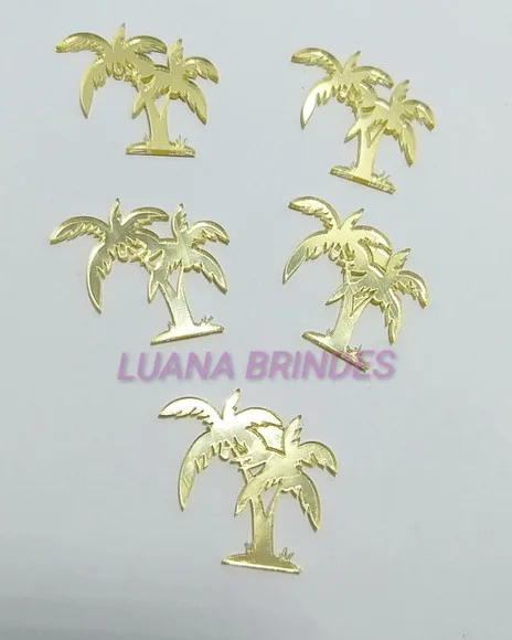 Aplique de Coqueiro em Acrílico Espelhado Dourado-pct c/10 u