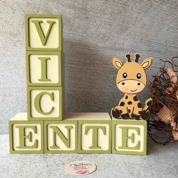 Kit Safari Cubos Personalizados 6x6cm+ Girafa Decoração Bebê