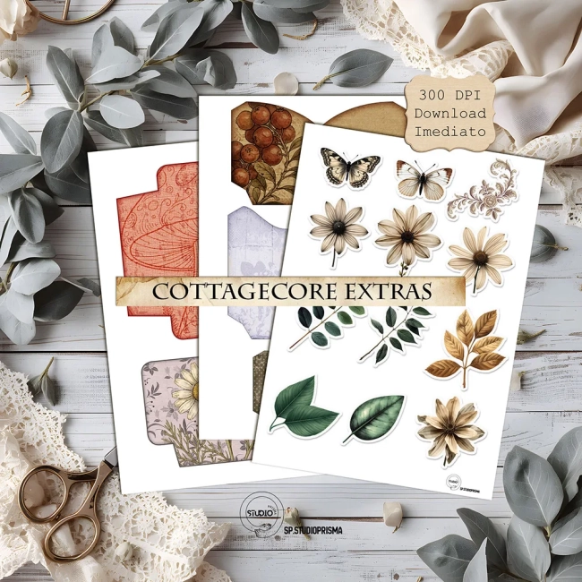Kit Digital Cottagecore com Elementos Ephemera para Junk Journal e Scrapbook