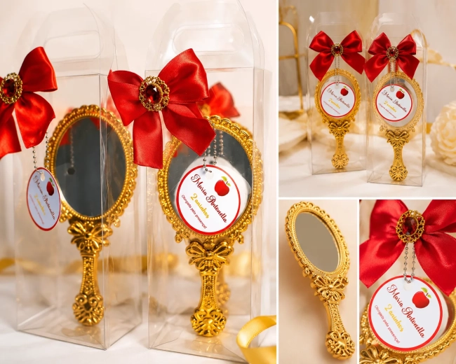 Espelho Dourado Lembrancinha Luxo com Laço Personalizado