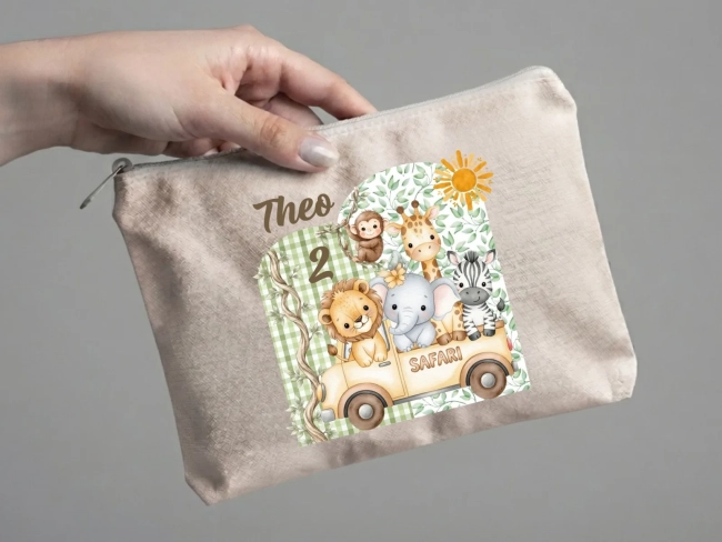 Lembrancinha Nécessaire Personalizada Algodão Cru 20x15 Estampa DTF Safari Baby