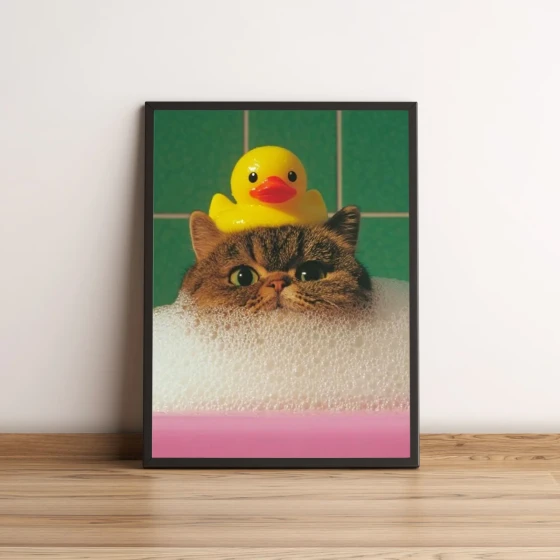 Quadro Decorativo Gato no Banho com Pato 2694