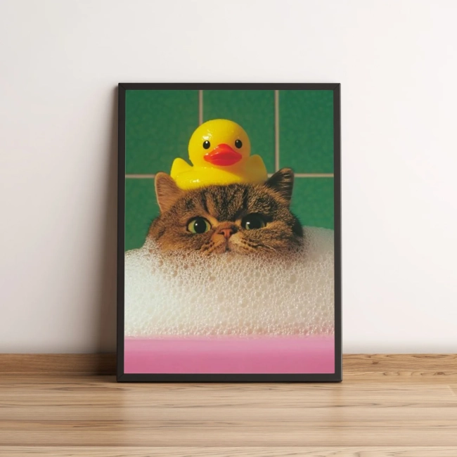 Quadro Decorativo Gato no Banho com Pato 2694