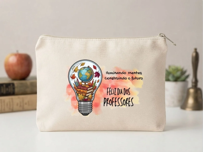 Lembrancinha Nécessaire Personalizada Algodão Cru 20x15 Estampa DTF Dia dos Professores Lampada