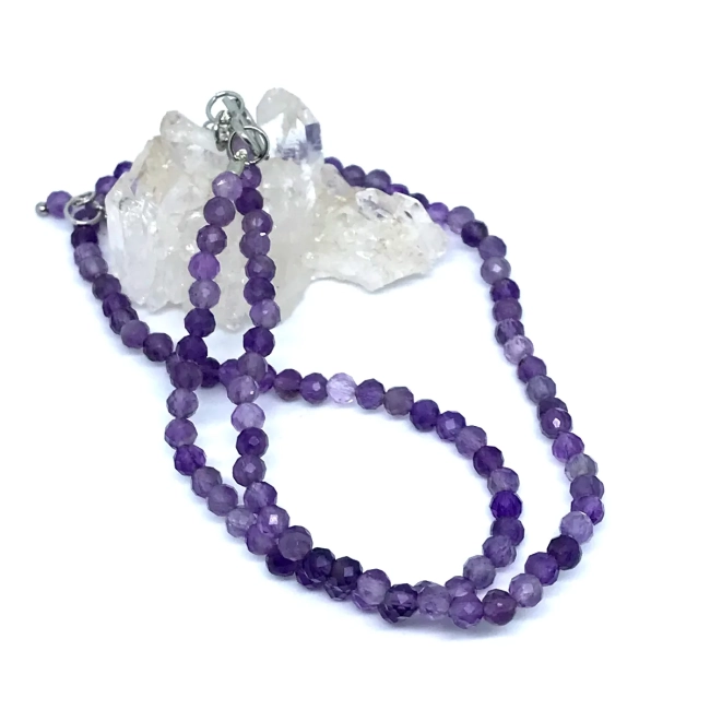 Choker Colar com Pedras Ametistas facetadas Delicadas E Aço Inox