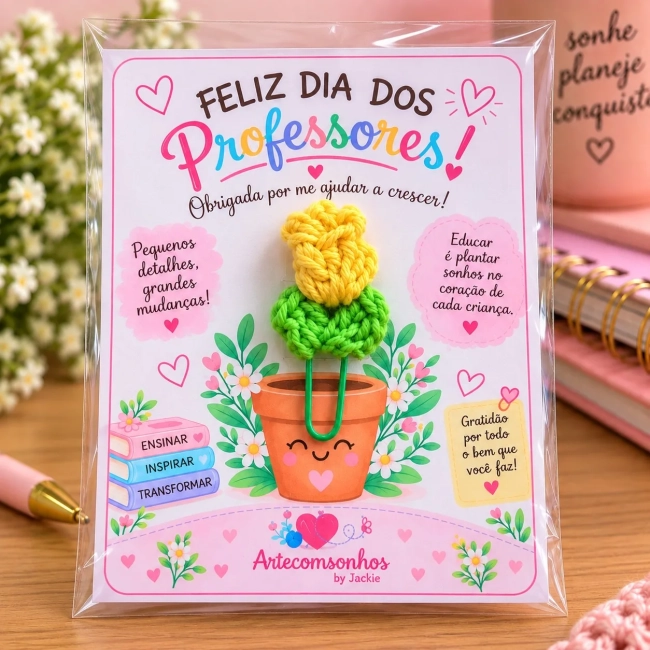 Kit 3 Lembrancinhas Dia dos Professores | Clip Tulipa com Card