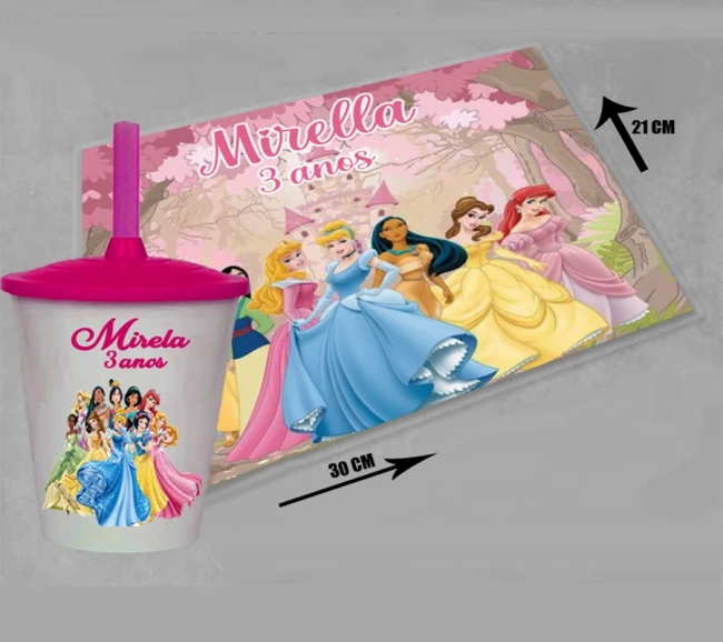 KIt Jogo Americano sousplat+ copo Twister personalizado ds Princesas