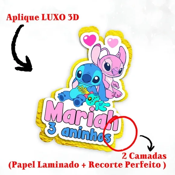 Aplique de Festa Stitch Angel com Efeito 3d para Tubete