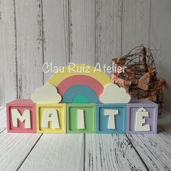 Decoração Bebê Candy Colors - Cubos 6x6cm Ts + Arco Íris.