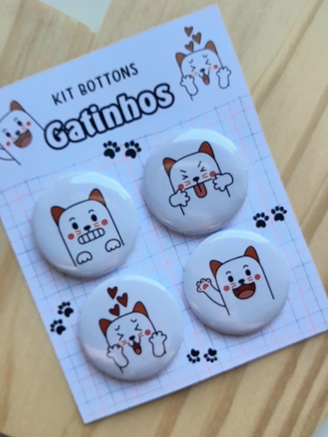 Cartela c/ 04 Bottons Tema Gatinhos Divertidos