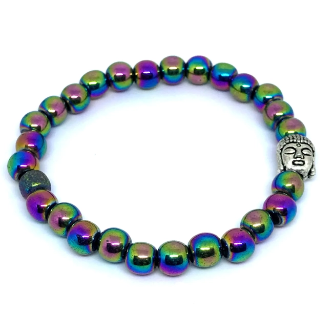 Pulseira Japamala 27 Contas em Hematita Iridisada com Buda - Pedra Natural e Proteção