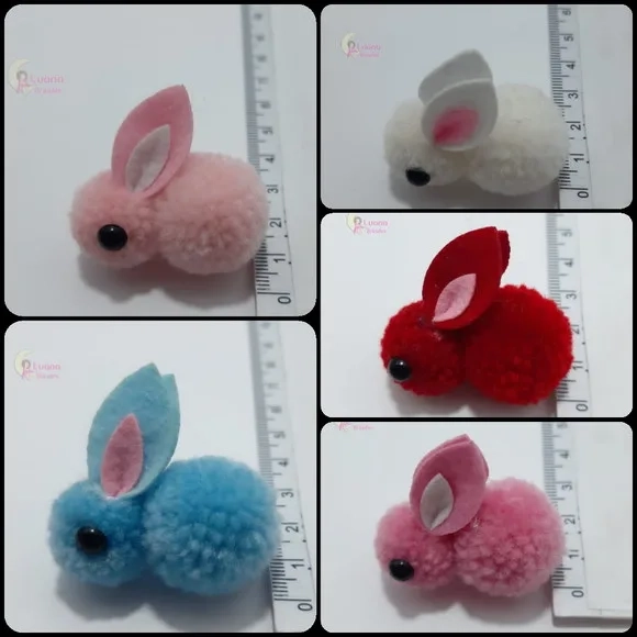 Coelhos Pompom Colorido - 4cm - Pct C/3 Unid