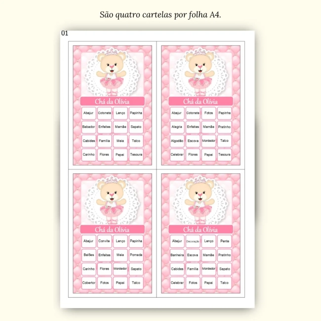 Bingo Chá de Bebê Menina Pdf Para Imprimir