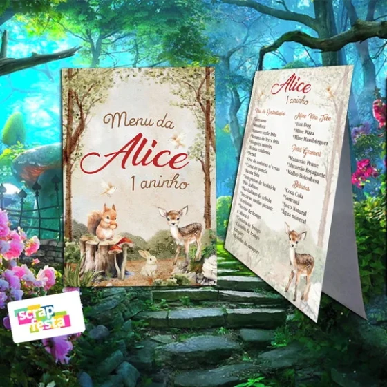 Menu Cardápio Cavalete Bosque Floresta Encantada Aquarela