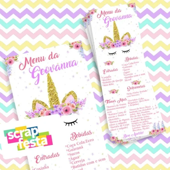 Menu Cardápio Personalizado Festa Unicórnio