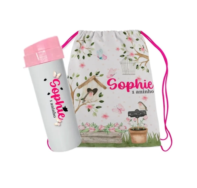 kit mochilinha e Garrafinha tema Jardim Encantado