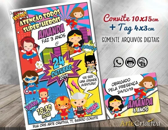 CONVITE DIGITAL C/TAG Super Heroínas