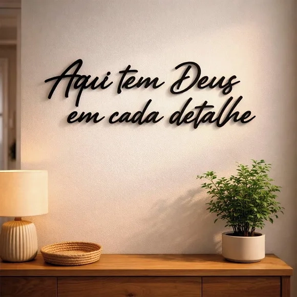 Frase Decorativa Aqui Tem Deus Cada Detalhe 3d mdf Preto