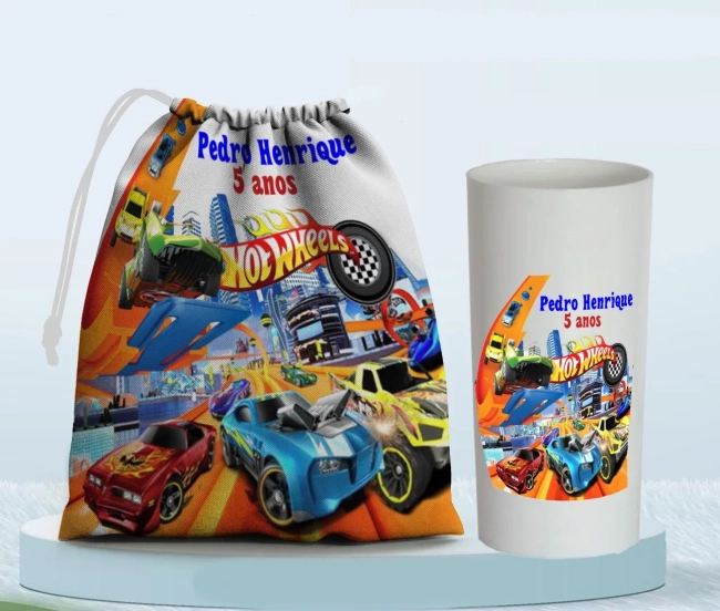 Kit Saquinho Surpresa e Copo Long Drink Personalizado Hot Wheels